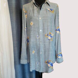 Fig & Flower by Anthropologie Embroidered Peasant Blouse Long Sleeve - Size L